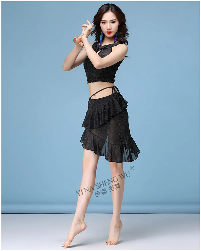 Новинка, женская сексуальная сетчатая одежда, 5 цветов, короткий рукав+ юбка, 2 предмета, для танца живота, тренировочный костюм для женщин, комплект для танца живота, топ+ юбка