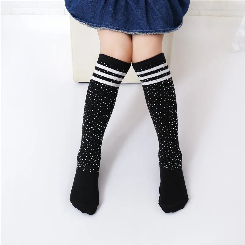 

3-12years Girls Stripe Knee Length Stockings Kids Diamond Long Tights Hoses Girls Black White Children Kids Pantyhose Stockings