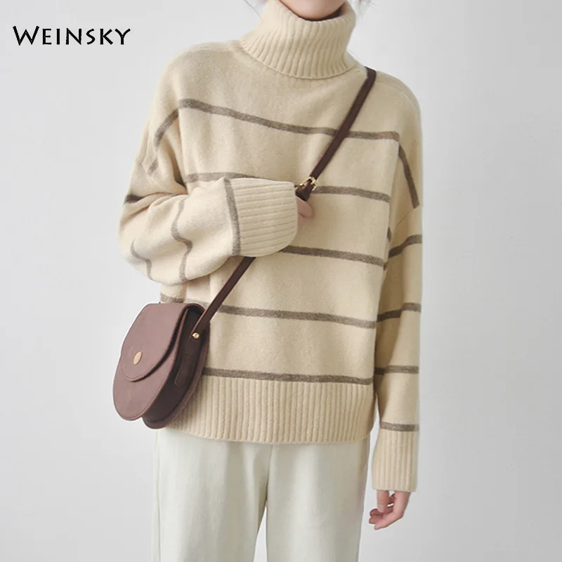 

Women Turtleneck Knitted Sweater And Pullovers Korean Fashion Style Elegant Female Striped Sweaters 2019 Autumn And Winter New