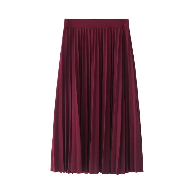 Весенне-осенняя Новая модная женская однотонная плиссированная юбка средней длины с высокой талией, эластичная юбка, акция, женская, черная, розовая - Цвет: Бургундия