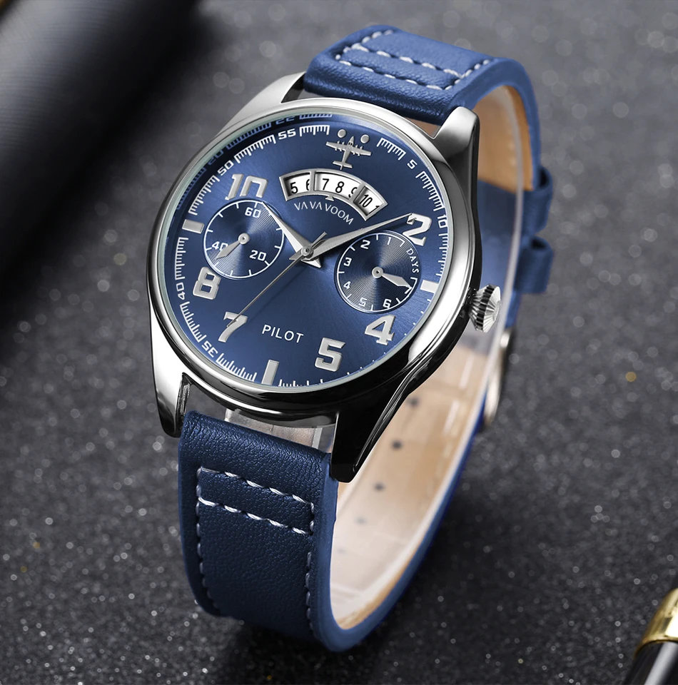 Airplane Sports Military Blue Dial Pilot Calendar Men Wristwatch Chronograph Fashion Casual Brand Army Brown Leather Watches