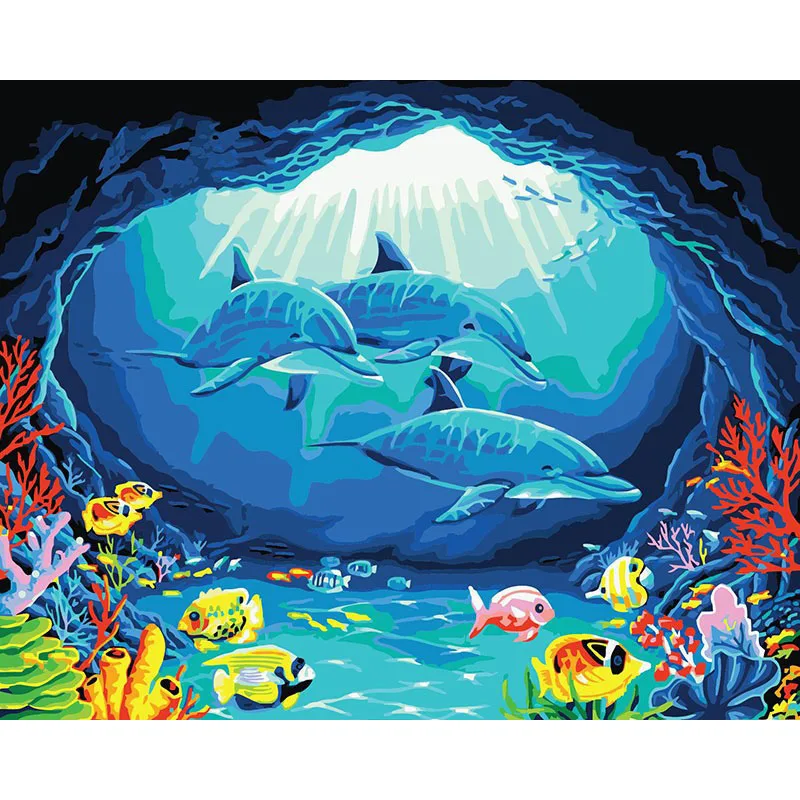 

Ocean Painting By Number Dolphin Oil Picture Acrylic Paints HandPainted DIY Kits Coloring Drawing By Number Home Decoration Art