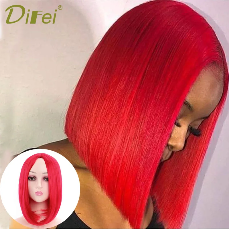 

DIFEI medium-long Straight hair bobo hairstyle synthetic wig separates from the middle part red wig for black and white women