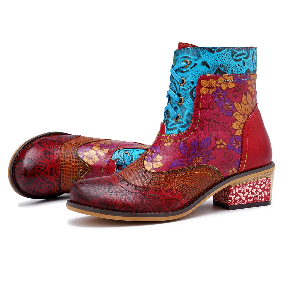 Krasovki Genuines Boots European and American New Leisure Retro National Style Leather Lace-up Printed Women Boots Cowboy Boots