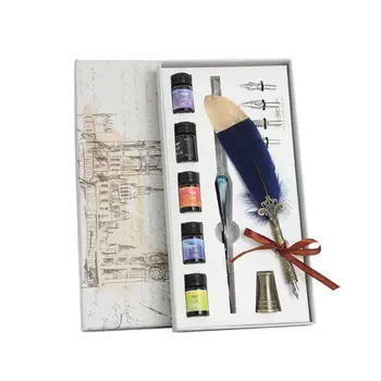 

1 Set Vintage Calligraphy Feather Dip with 4 Nib Gift Quill Pen Writing Ink Set Gift Box Wedding Fountain Pen Design