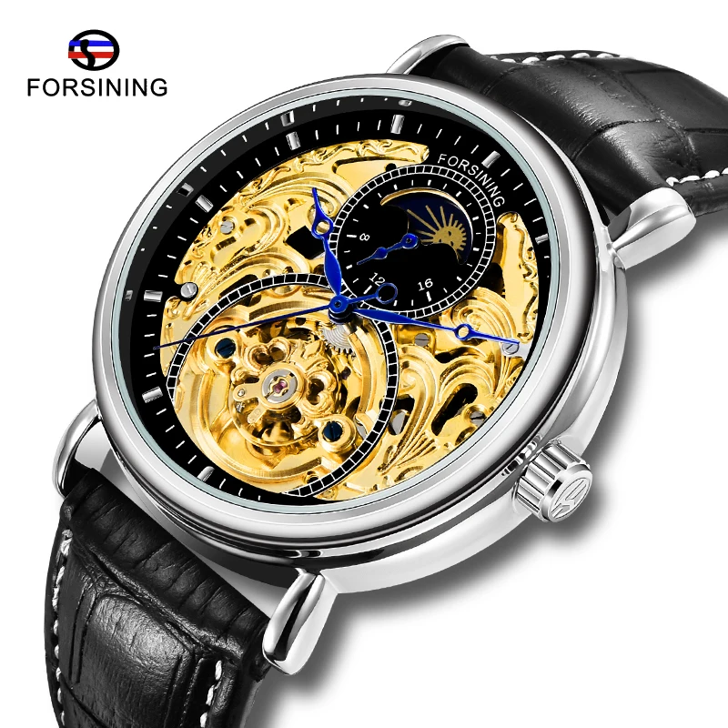 

Luxury FORSINING Mens Mechanical Watch Golden Display Genuine Leather Strap Moon Phase Fashion Waterproof Wristwatches