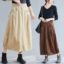 Female Winter Bud Long Corduroy Skirts Women Elegant High Waist Vintage Midi Skirt Pocket Black,Coffee,Apricot