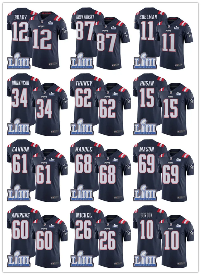 

12 Tom Brady 87 Rob Gronkowski Jersey New Patriots 11 Julian Edelman 10 Josh Gordon 2019 Super Bowl LIII 15 Hogan Harrison