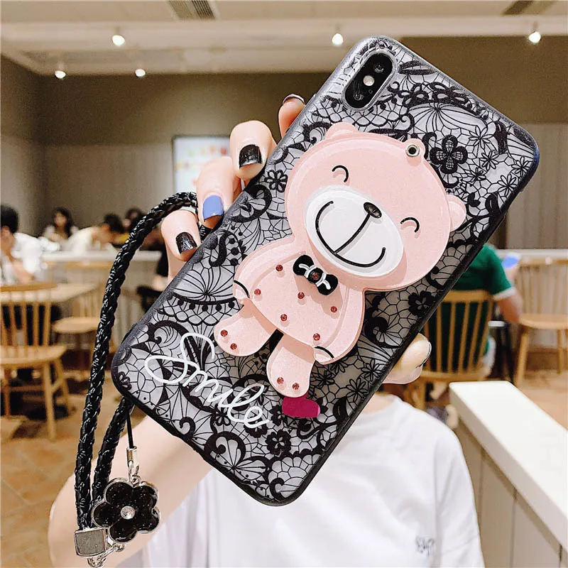 Lace Flower Makeup Mirror Phone Case For Samsung Galaxy S8 S9 S10 Lite S7 S6 Edge Plus C5 C7 C9 Note 8 9 With Lanyard Back Cover