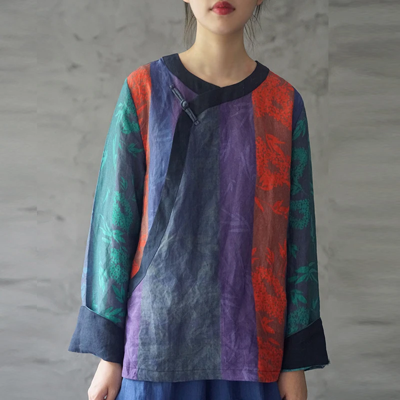 

Women Vintage Long Sleeve Cotton Linen Blouse 2019 Autumn New Floral Print O-neck Button All-match Women Tops Shirt