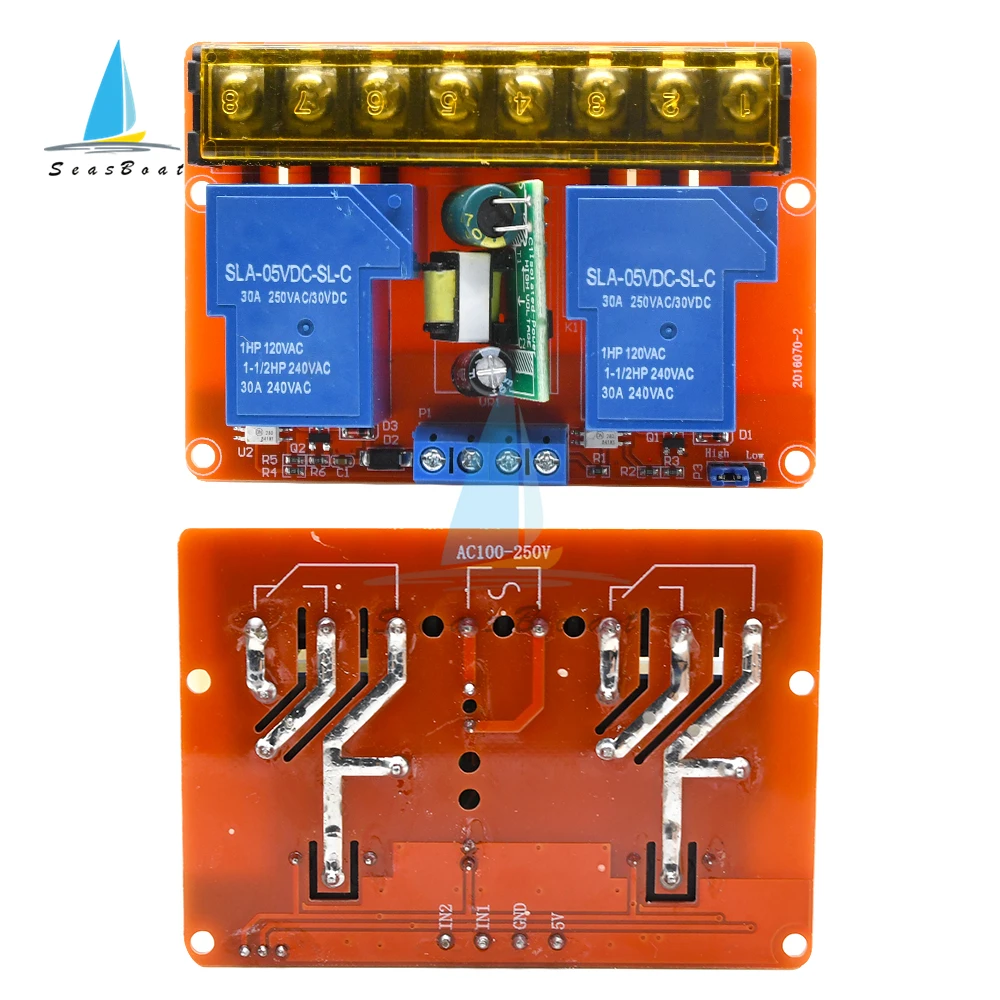 

DC5V/AC100-250V 30A 2-канальный триггерный переключатель, релейный модуль, высокая мощность, изолированная релейная плата для Arduino