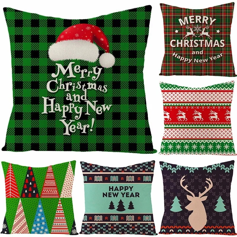 

Green Series 2019 Christmas Linen Pillowcase Square Bedside Sofa Pillowcase Christmas Cushion Pillowcase Christmas Pillow Cover