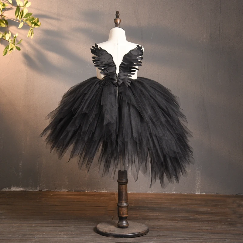 Elegant Swan Crystal Tulle Trailing Flower Girl Dress Evening Gown Kids Pageant Dress Birthday Party Feather Lace Princess Dress little girl skirt dress