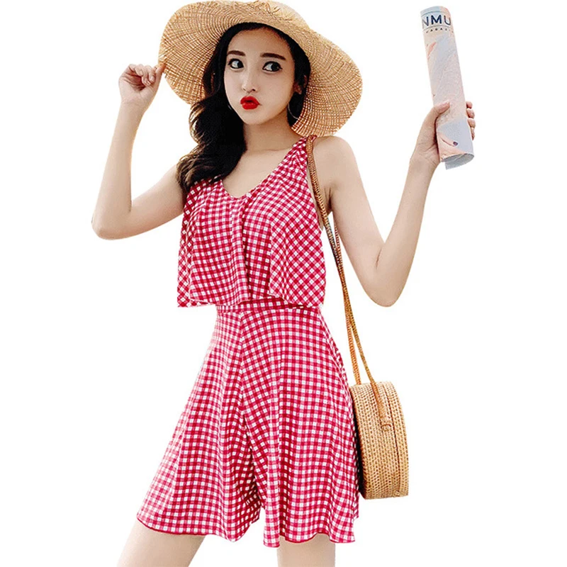 

2019 One Piece Conservative Swimwear Women Double Strap Swimsuit Skirt Spring Dress With Removable Pad Beach Wear Boxer Bottom