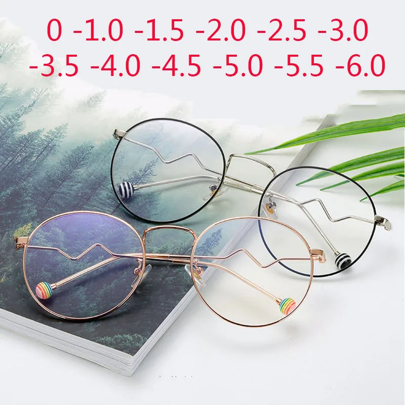 

Retro Metal Round Finished Myopia Glasses Women Men Ultralight Anti-Blue Light Candy Pearl Color Shortsighted Eyeglasses