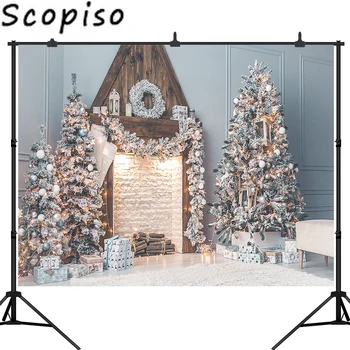 

Scopiso Merry Christmas Photography Backdrop Xmas Tree Gift Fireplace Gift Box Wreath Photo Background Studio Props