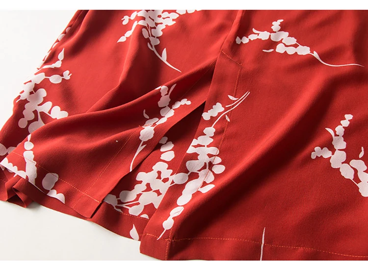 Women Belted Dress 100%Real Silk Crepe Red Printed Dresses Stand Collar New Dresses for Women