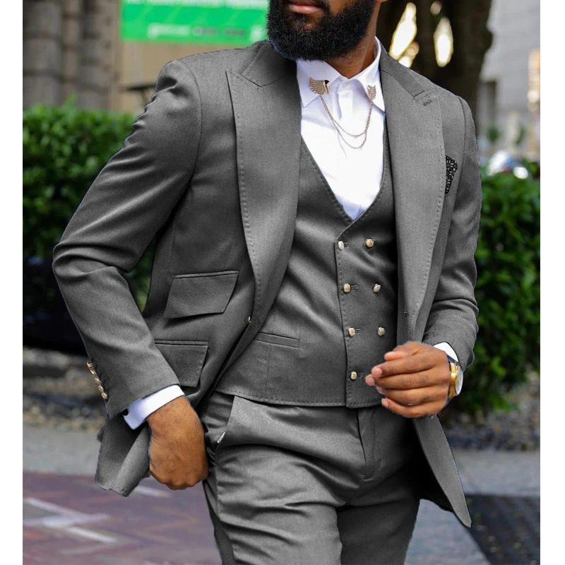 

Slim Fit Men Suits with Double Breasted Vent Peaked Lapel African Wedding Tuxedo for Groom 3 Piece Male Fashion Jacket Pants