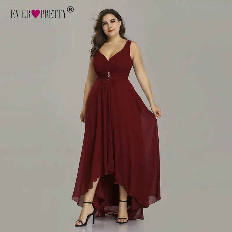 Plus Size Prom Dresses Long 2020 Elegant Burgundy A-line Sleeveless Crystal High Low Ever Pretty Special Occasion Party Gowns