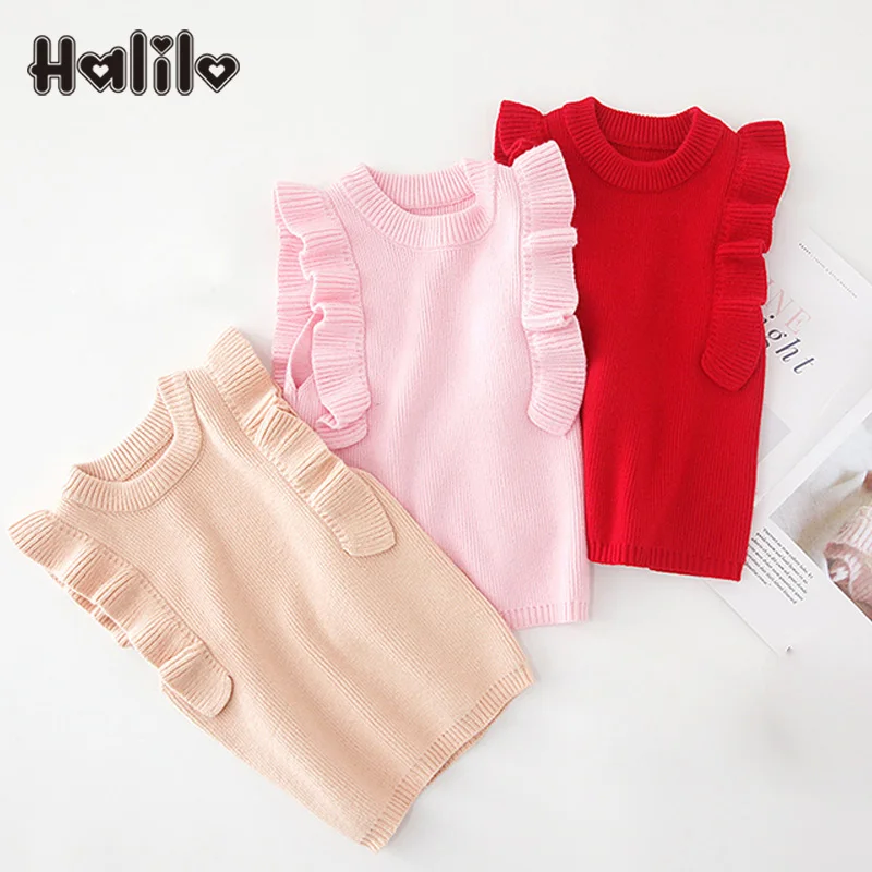 

Halilo Christmas Toddler Girl Dresses 2019 Solid Color Ruffles Sleeveless Knitted Girls Sweater Dress Princess Kids Clothes