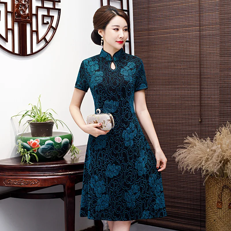 

New Products Spring Summer Liangsi Elasticity Mid-length Slim Fit Cheongsam Big Hemline Short Sleeve Middle-aged Women Dress Dai
