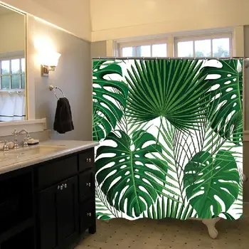 

Green Small Fresh Fern Leaves Decor Waterproof Fabric Polyester Shower Curtain Decor Set With Hooks