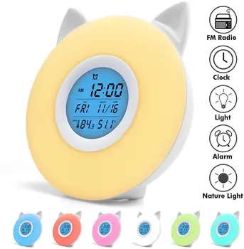 

Kids Cute cat Wake Up Light,Smart Night Lamp Clock Sunrise Colorful Light with Nature Sounds and FM Radio, 7 Music Sound