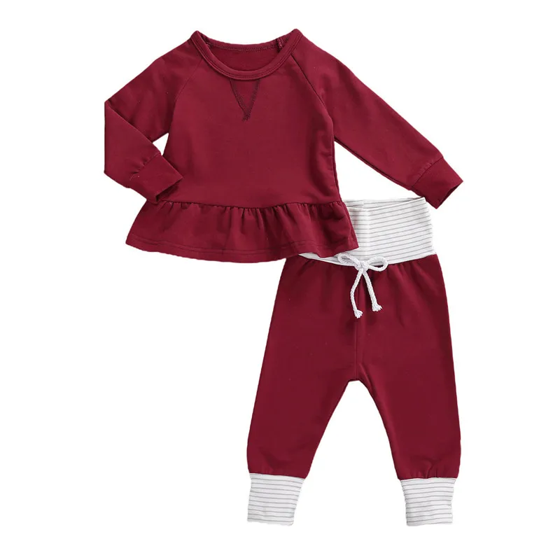 

2 Pieces Baby Suit Set, Solid Color Round Neck Long Sleeve Top and Trousers, Wine Red/Orange/Army Green