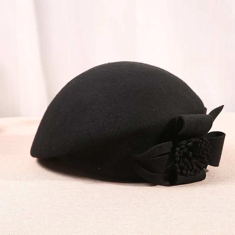 Pure Wool Felt Fascinator Wedding Hat Pillbox Hat for Women Cocktail Party Vintage Lady winter Solid Beret Hat Hostesses Cap