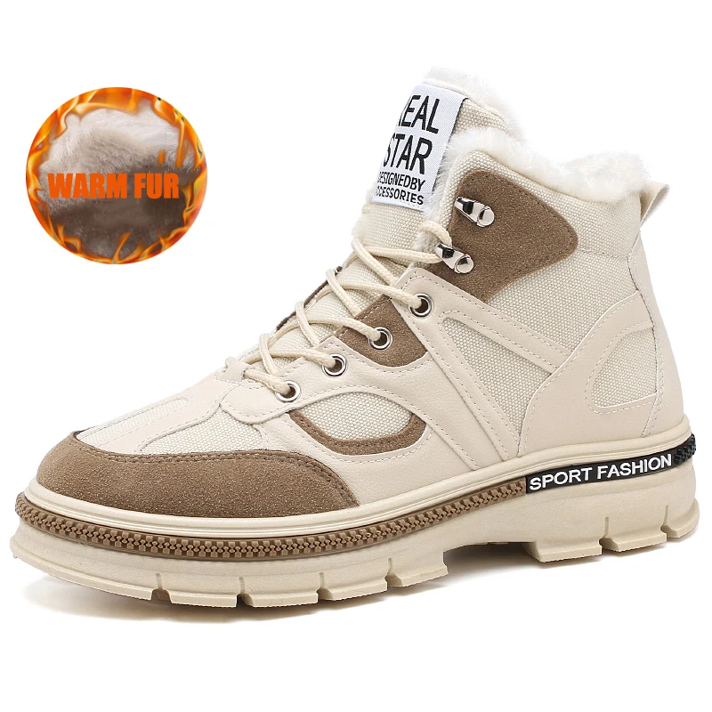 fur beige HUMTTO зимние теплые меховые кроссовки мужские Нескользящие походные ботинки тактические ботинки для пустыни резиновые треккинговые ботинки мужские альпинистские походные ботинки - Color: fur beige