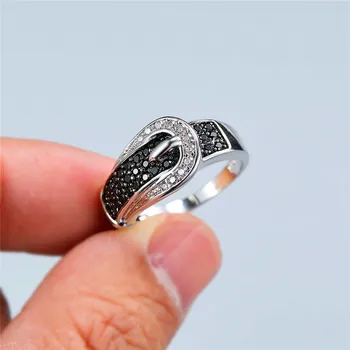 

Vintage Female Small Black Stone Ring Minimalist Thin Zircon Wedding Rings For Women Charm Leather Belt Engagement Ring