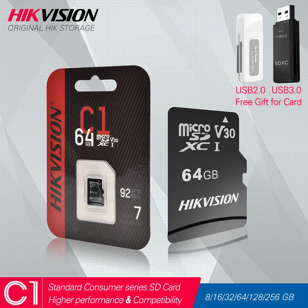 HIKVISION 100% Оригинальная карта памяти класс 10 8 ГБ 16 32 64 Гб 128 256 макс. 92 м/с MicroSDHC/XC UHS I TF