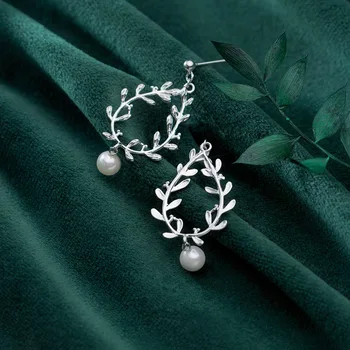 

100% 925 Sterling Silver Round Shell Pearl Olive Leaf Statement Big Dangle Drop Earrings for Women Luxury Earing Jewelry