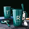 380ml Ceramic Mugs Creative Letter Pattern Mugs With Spoon Lid Green Gold Milk Coffee Cup Mark Drinkware Novelty Gifts ► Photo 2/6