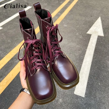 

CIALISA Women Boots 2020 New Fashion Autumn Handsome Motorcycle White Genuine Leather Black Lace-up Platform Ankle Shoes