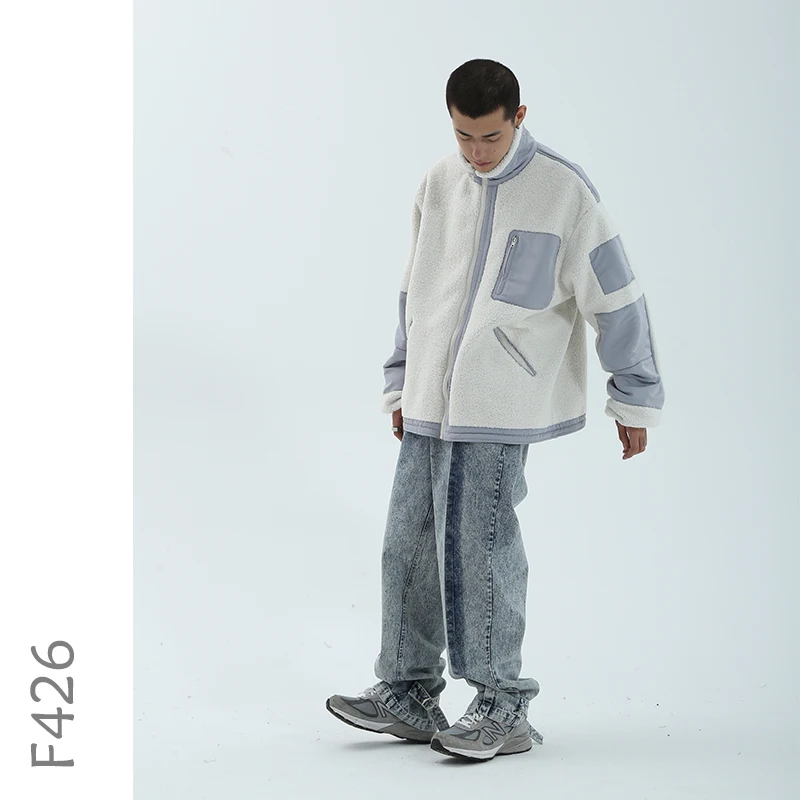 F426 Polar Fleece Jacket Stand Collar Winter Patchwork Coat Unisex Streetwear Loose Fit Men | Мужская одежда