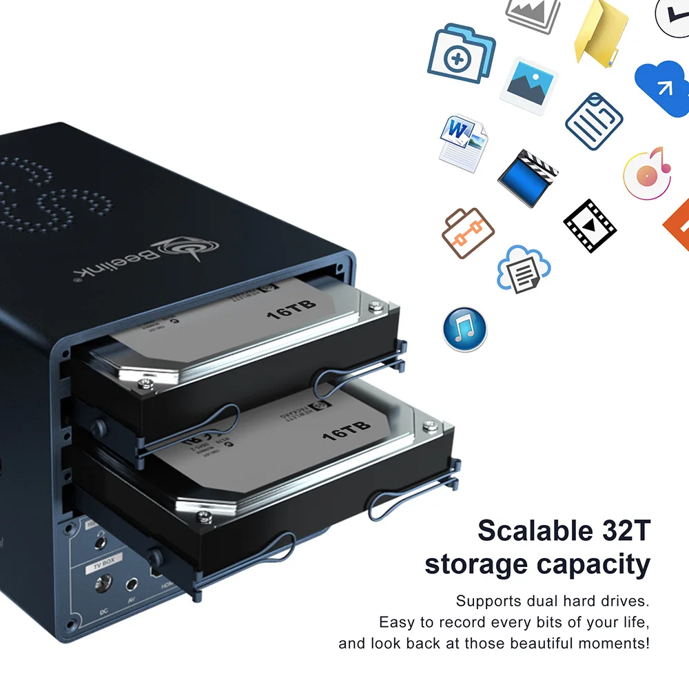 Beelink GS-King X Dual HDD NAS Hi-Fi Audio System Smart 4K TV Box with Dual 3.5 inch SATA HDD Amlogic S922X-H ARM G52 MP4 4GB DDR4 + 64GB EMMC 2.4GHz + 5.8GHz Dual-WiFi 1000Mbps - Black EU Plug