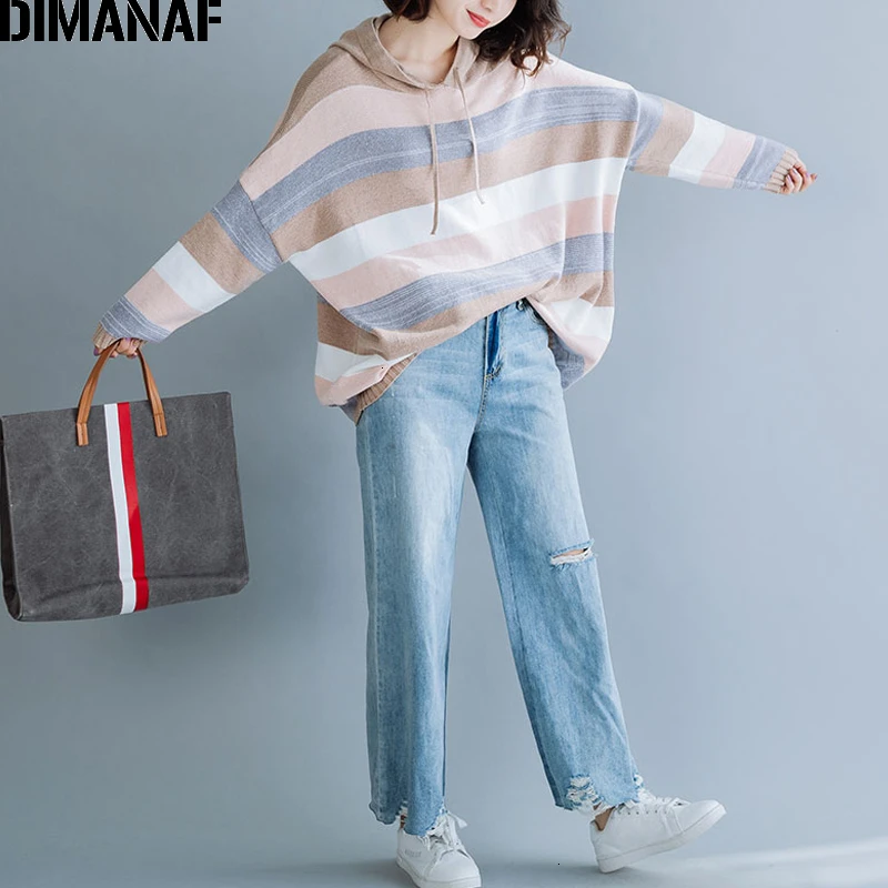 DIMANAF Plus Size Women Sweater Winter Pullovers Hooded Knitting Cotton Fashion Striped Loose Oversize Lady Tops Female Clothes DIMANAF Plus Size Women Sweater Winter Pullovers Hooded Knitting Cotton Fashion Striped Loose Oversize Lady Tops Female Clothes