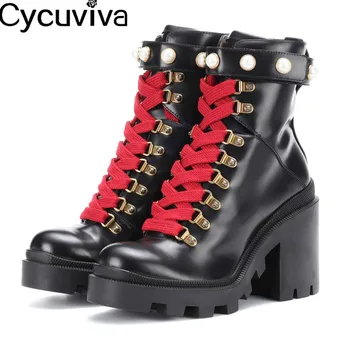 

Ankle Boots For Women Black Leather Platform High Heels Motorcycle Boots Runway Real Fur Pear Decor Party Shoes Woman