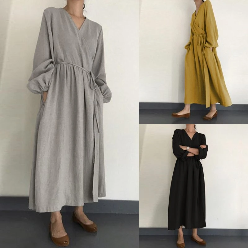 Zanzea Plus Size Women Solid Dress Long Vestidos With Belt Casual Long Sleeve One Piece Dress Elegant Office Ladies Work Vestido Dresses Aliexpress