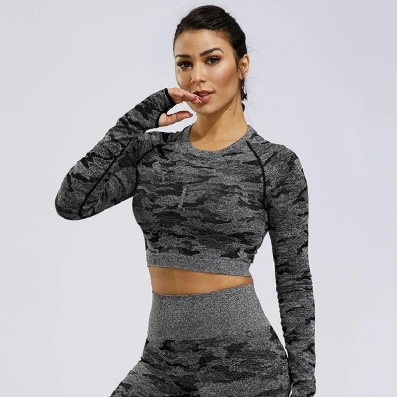 Камуфляжная рубашка для йоги, сексуальный топ для йоги, спортивный топ для фитнеса, бесшовная спортивная рубашка для женщин с отверстиями для большого пальца, тренировочный топ, футболки с длинным рукавом