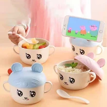 

Wheat Straw Baby Two-ear Rice Bowl With Lid Portable Tableware Set Cartoon Children 's Bowl Ramen Noodle Bowl Salad Fruit Bowl