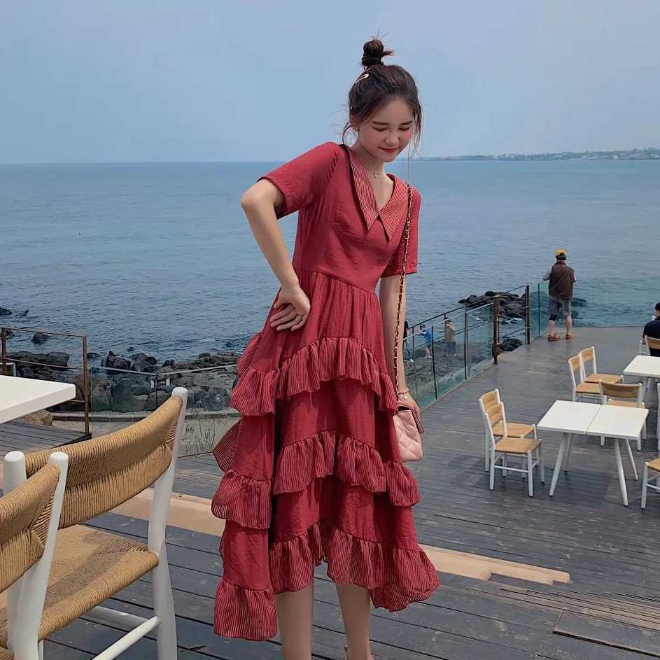 

Photo Shoot CHIC Vintage Brick Red Peter Pan Collar Gauze Joint Mock Two-Piece Xianxian Skirt Waist Hugging Cake Dress Women's