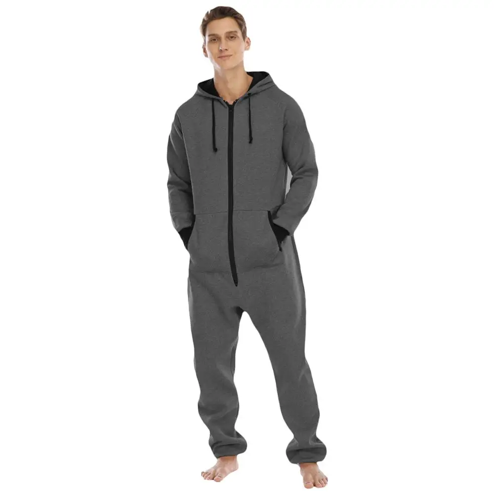Solid Color Sleepwear Kigurumi Hooded Pajama Sets For Adult Men Autumn Winter Warm Pyjamas Overall Suits