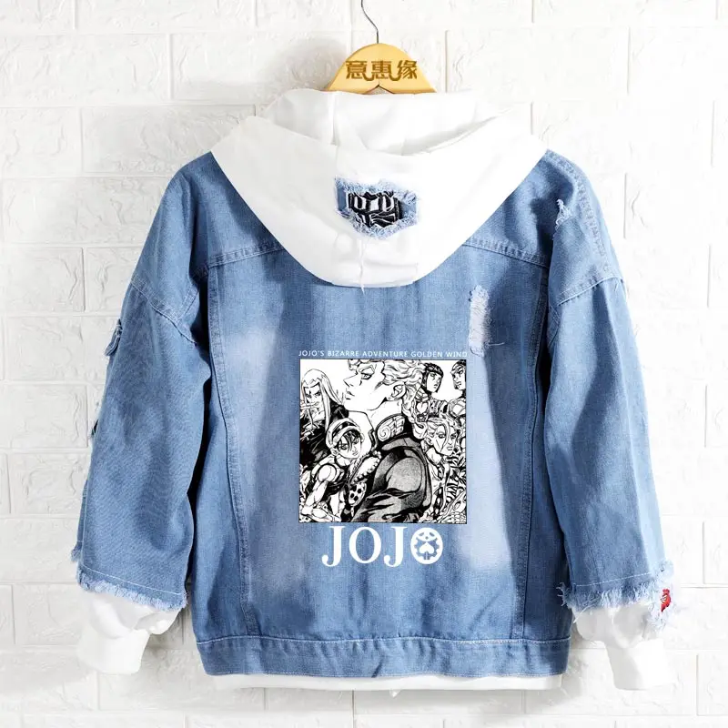 

Anime JoJo's Bizarre Adventure Golden Wind Denim Jacket Cosplay Hooded Hoodie Men Women False two pieces Autumn Sweatshirt Coat