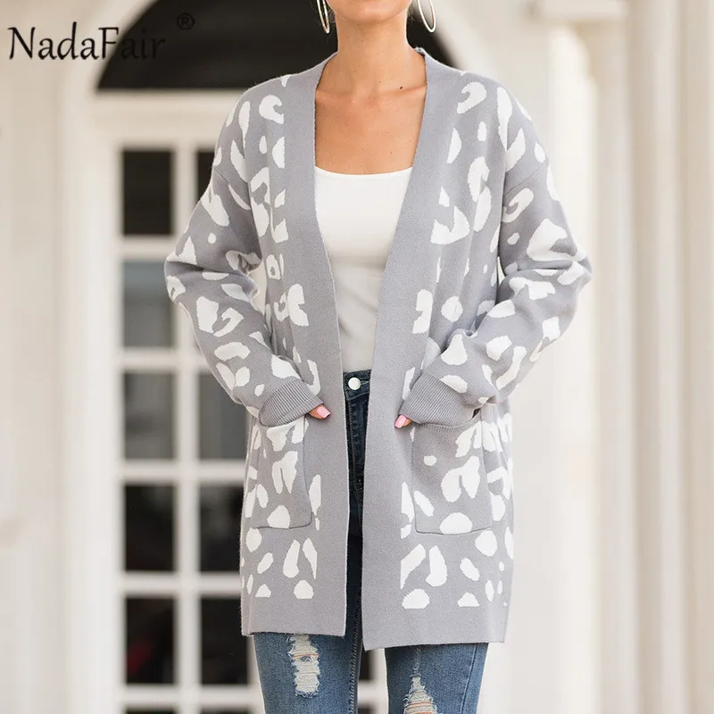 Nadafair, Леопардовый длинный кардиган, Повседневный, свободный, зимний, более размера d, вязаный кардиган для женщин, плюс размер, вязаный, длинный свитер, пальто