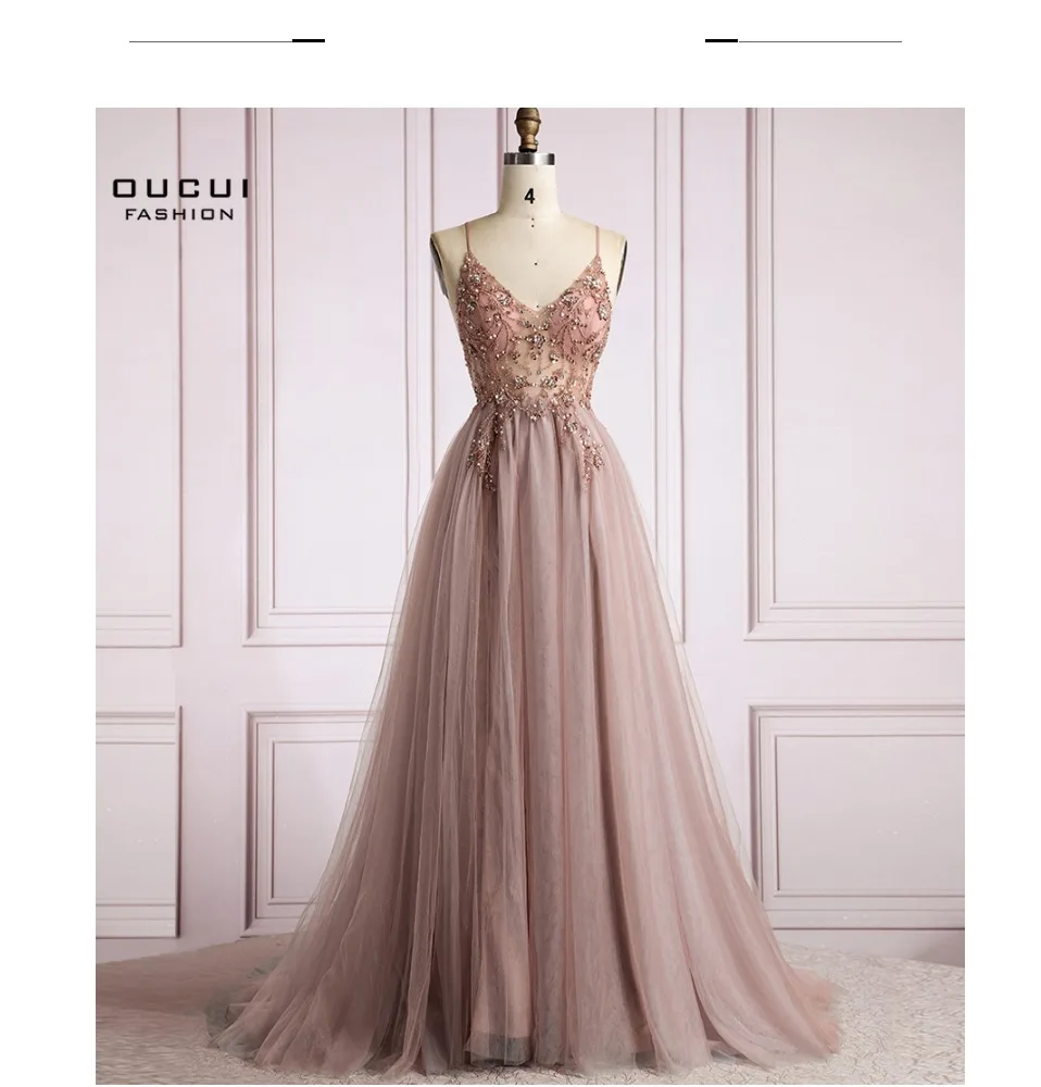 Oucui Dusky Pink Handmade Beaded Prom Dresses 2020 Long Spaghetti Strap See Through Grey Tulle Evening Gown Vestido De Festa