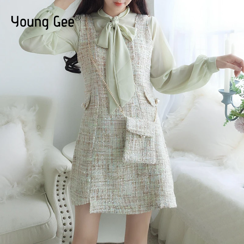 

Young Gee Women Two piece set Bow Collar Lantern Sleeve Top + Tweed Vest Mini Dress Tracksuit Office Lady 2 Piece Sets with Bags