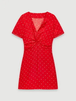 

Women's Dot Printing Red Color Dress V-neck High Waist Short Sleeve Spring Summer Short Dresses Female Clothes