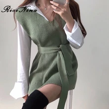 RICININA Knitted Vest Women Sweater Sleeveless V Neck Sashes Bandage Solid Elegant Sweaters Women Pullovers Jumpers Woman
